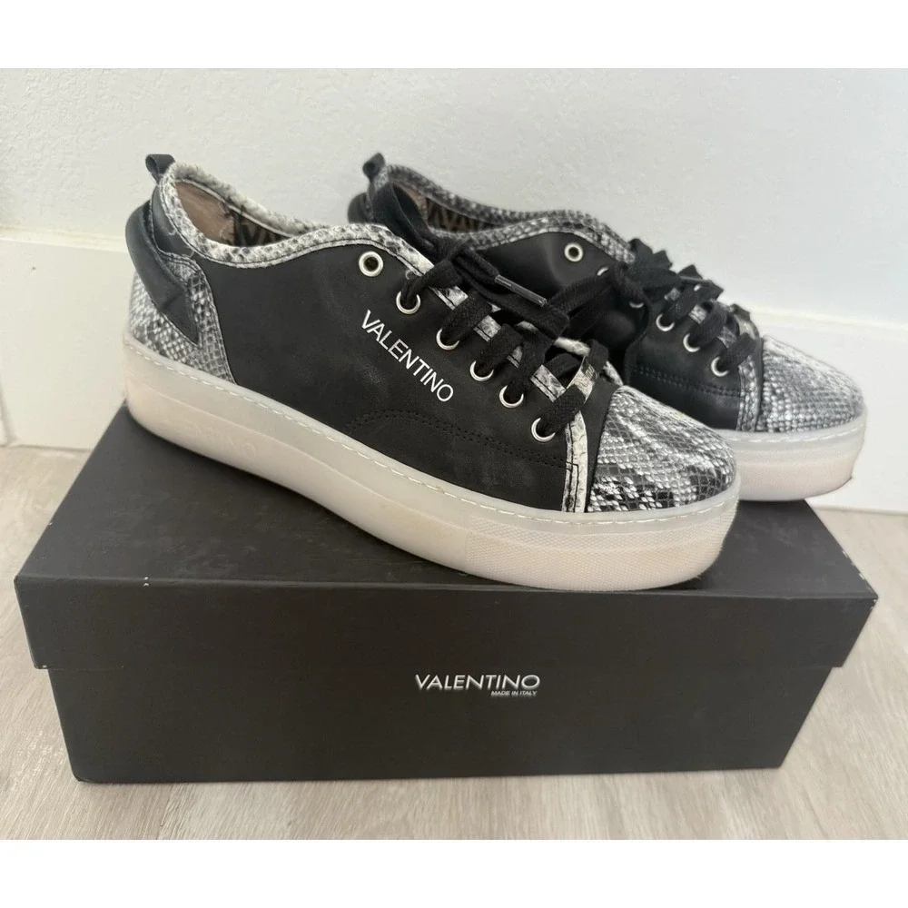 VALENTINO Dalia Black Snakeskin Platform Sneakers Made in Italy Size 9.5